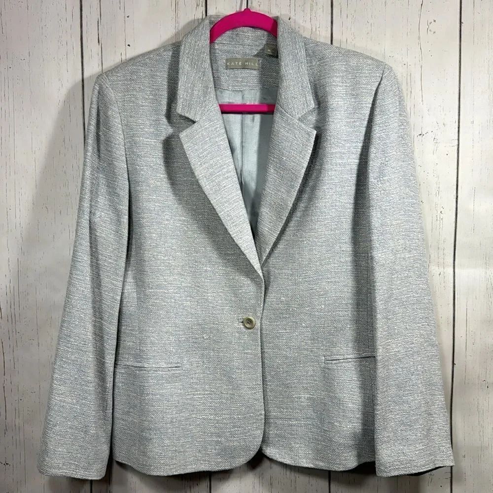 Kate Hill 100% Silk Blazer Jacket Light Gray Textured Classic Minimalist Office